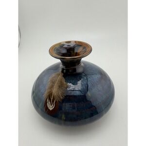 Studio Pottery Blue Drip Glaze Round Vase Feather Accent Signed Handcrafted 5in